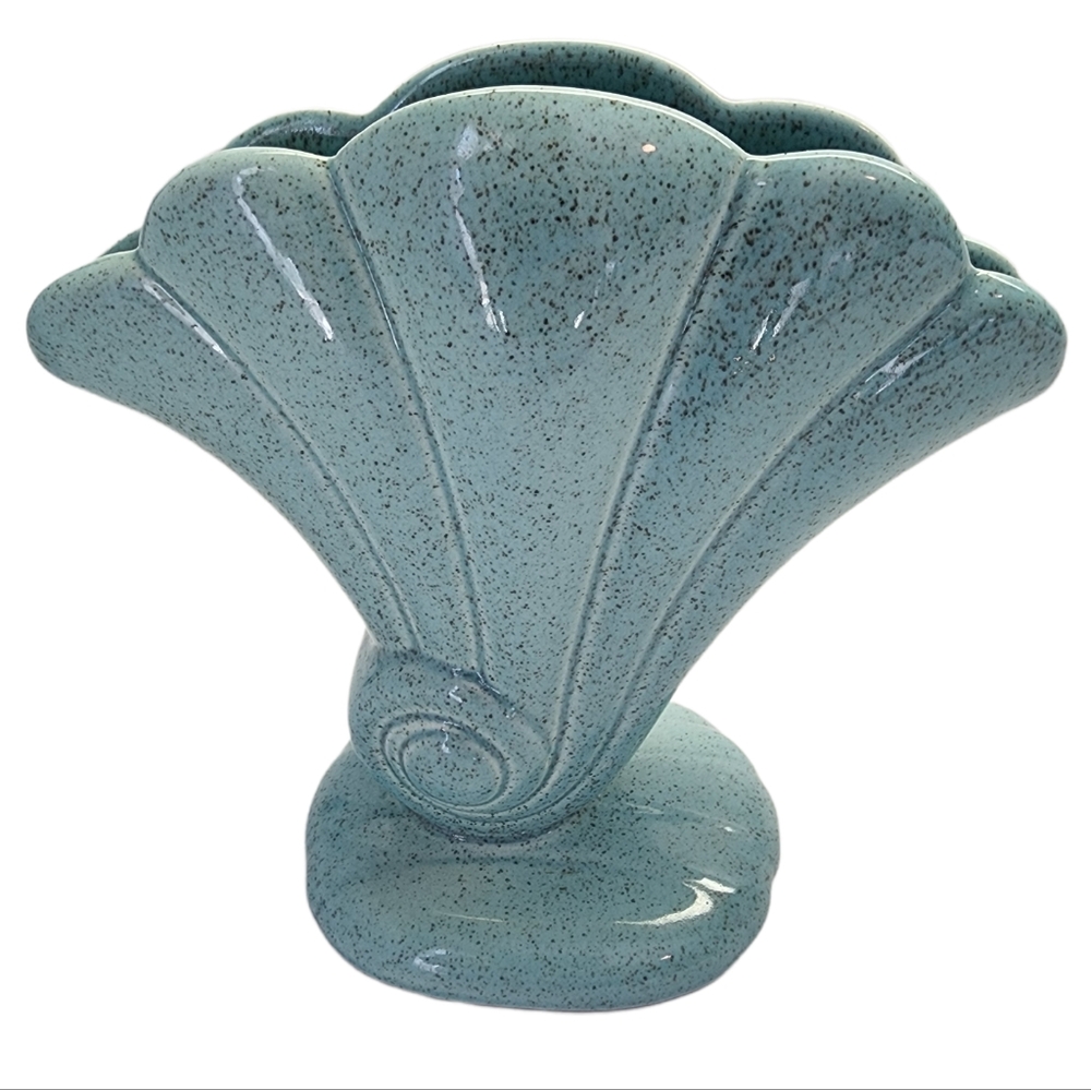Vintage Red Wing Teal Blue Ceramic Fan Shell Vase